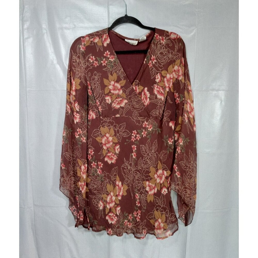 Y2K Silk Floral Babydoll Long Bell Sleeves Blouse‎ XL Fall Fairycore Gypsy Boho